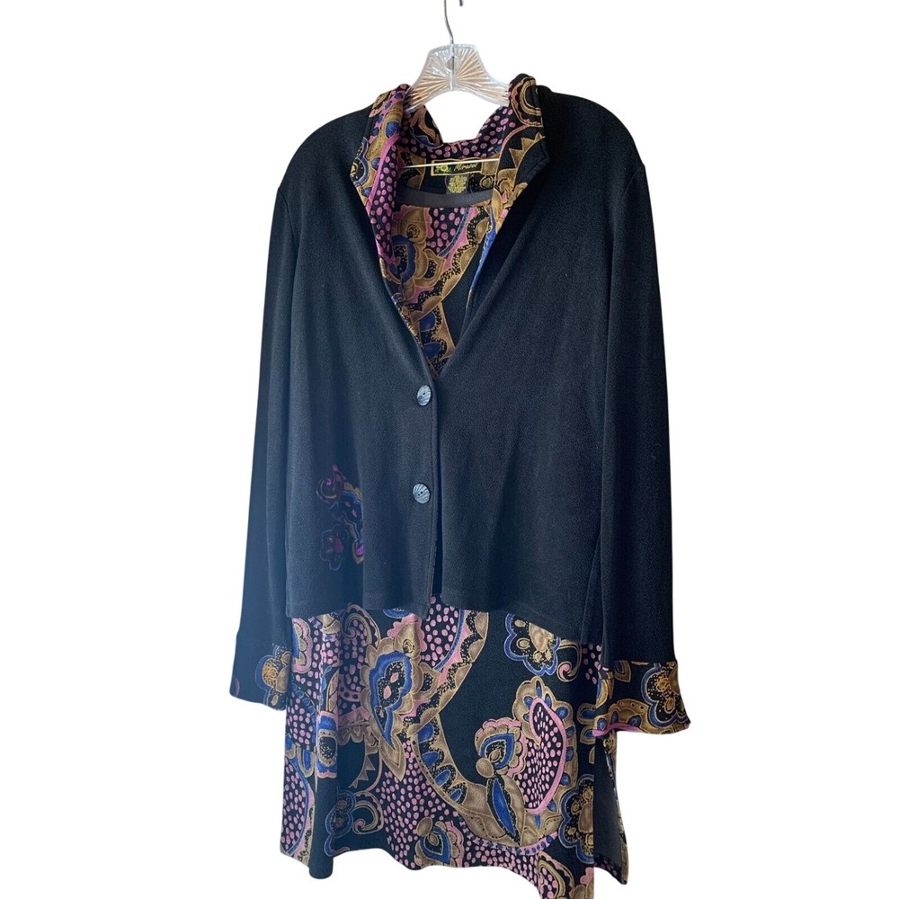 Vintage Mirasol Womens Jacket & Skirt Set Size L Black With Multicolor Cottageco